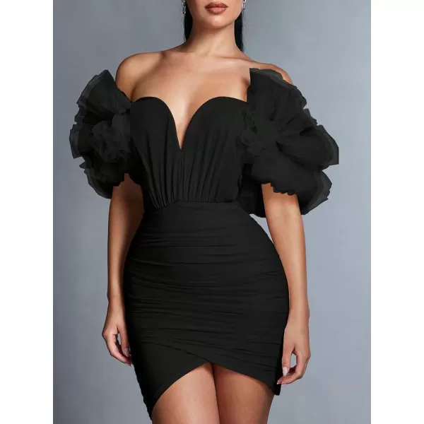 WDIRARA Women's Off Shoulder Prom Dress Puff Sleeve Ruched Mesh Cocktail Bodycon Party Elegant Mini Dresses