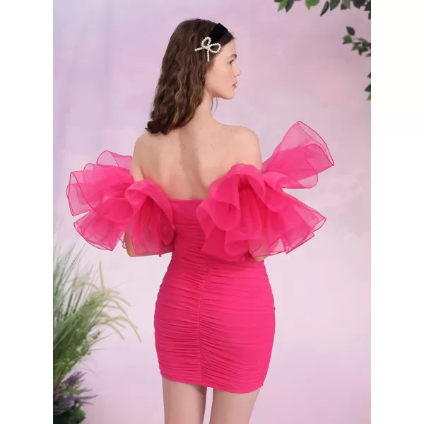 WDIRARA Women's Off Shoulder Prom Dress Puff Sleeve Ruched Mesh Cocktail Bodycon Party Elegant Mini Dresses