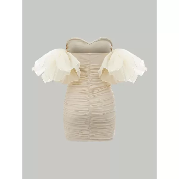 WDIRARA Women's Off Shoulder Prom Dress Puff Sleeve Ruched Mesh Cocktail Bodycon Party Elegant Mini Dresses