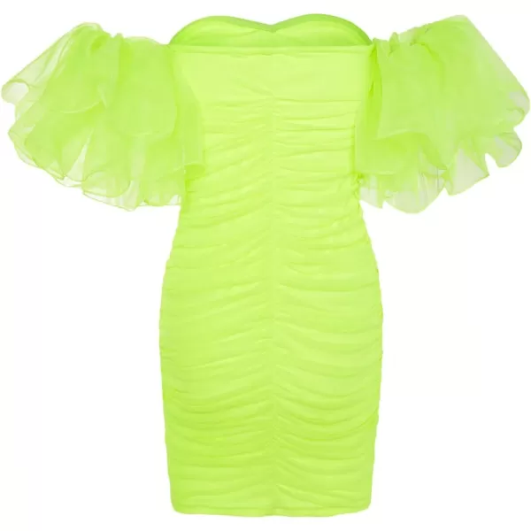 WDIRARA Women's Off Shoulder Prom Dress Puff Sleeve Ruched Mesh Cocktail Bodycon Party Elegant Mini Dresses