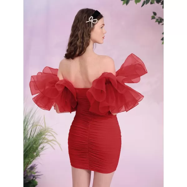 WDIRARA Women's Off Shoulder Prom Dress Puff Sleeve Ruched Mesh Cocktail Bodycon Party Elegant Mini Dresses