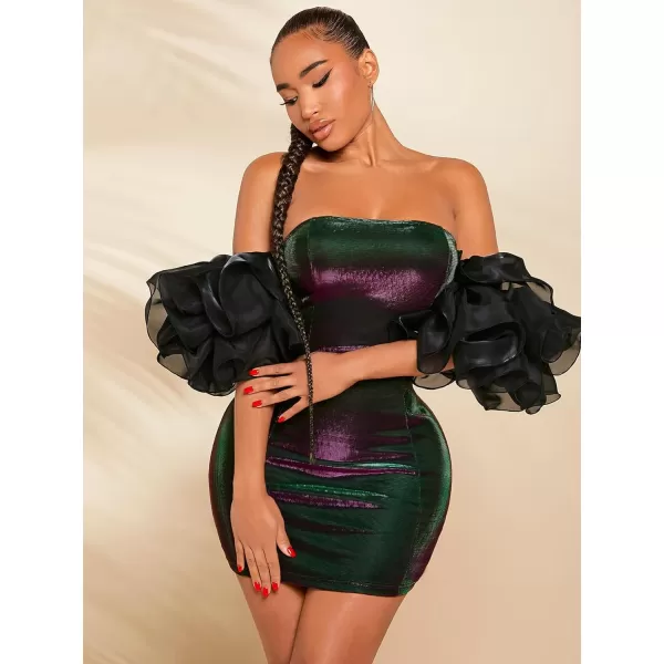 WDIRARA Women's Off Shoulder Prom Dress Puff Sleeve Ruched Mesh Cocktail Bodycon Party Elegant Mini Dresses