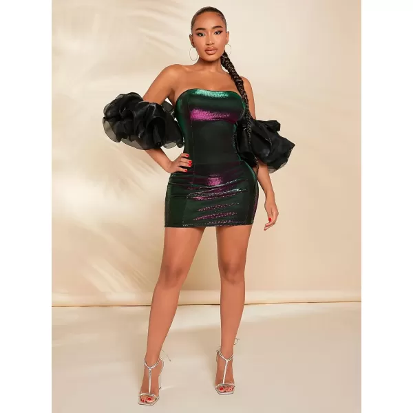 WDIRARA Women's Off Shoulder Prom Dress Puff Sleeve Ruched Mesh Cocktail Bodycon Party Elegant Mini Dresses
