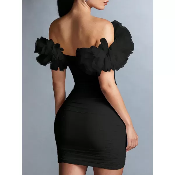 WDIRARA Women's Off Shoulder Prom Dress Puff Sleeve Ruched Mesh Cocktail Bodycon Party Elegant Mini Dresses
