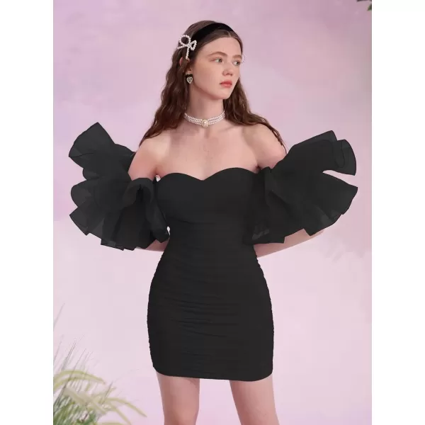 WDIRARA Women's Off Shoulder Prom Dress Puff Sleeve Ruched Mesh Cocktail Bodycon Party Elegant Mini Dresses