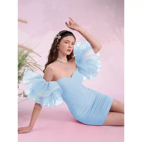 WDIRARA Women's Off Shoulder Prom Dress Puff Sleeve Ruched Mesh Cocktail Bodycon Party Elegant Mini Dresses