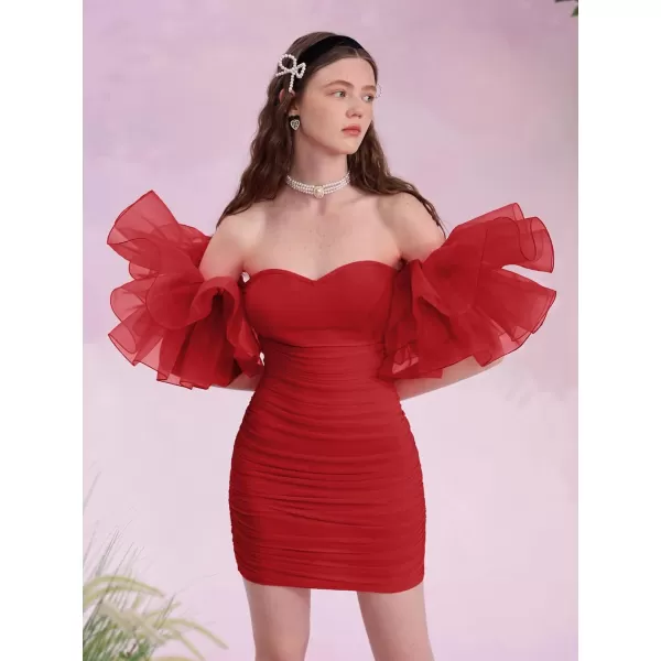 WDIRARA Women's Off Shoulder Prom Dress Puff Sleeve Ruched Mesh Cocktail Bodycon Party Elegant Mini Dresses