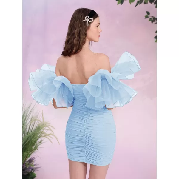 WDIRARA Women's Off Shoulder Prom Dress Puff Sleeve Ruched Mesh Cocktail Bodycon Party Elegant Mini Dresses
