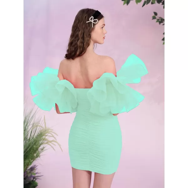 WDIRARA Women's Off Shoulder Prom Dress Puff Sleeve Ruched Mesh Cocktail Bodycon Party Elegant Mini Dresses