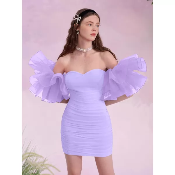 WDIRARA Women's Off Shoulder Prom Dress Puff Sleeve Ruched Mesh Cocktail Bodycon Party Elegant Mini Dresses