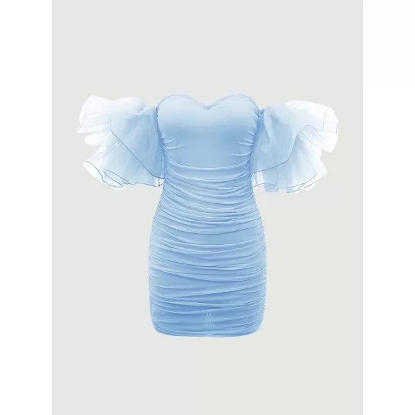 WDIRARA Women's Off Shoulder Prom Dress Puff Sleeve Ruched Mesh Cocktail Bodycon Party Elegant Mini Dresses