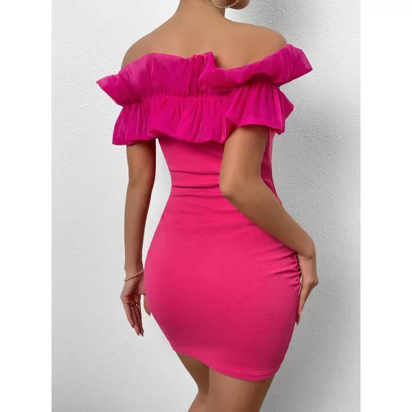 WDIRARA Women's Off Shoulder Strapless Ruffle Trim Sleeveless Bodycon Mini Party Dress