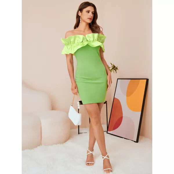 WDIRARA Women's Off Shoulder Strapless Ruffle Trim Sleeveless Bodycon Mini Party Dress
