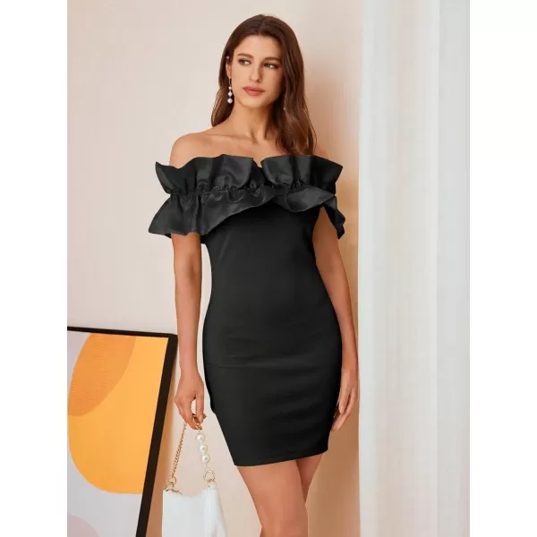 WDIRARA Women's Off Shoulder Strapless Ruffle Trim Sleeveless Bodycon Mini Party Dress
