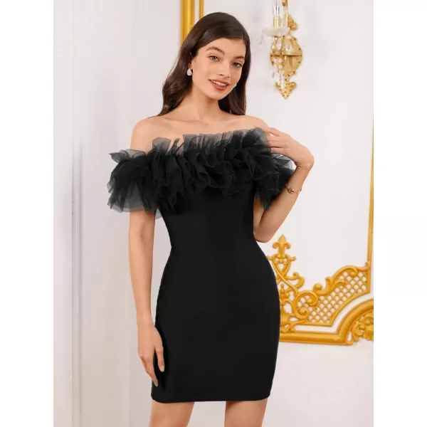 WDIRARA Women's Off Shoulder Strapless Ruffle Trim Sleeveless Bodycon Mini Party Dress