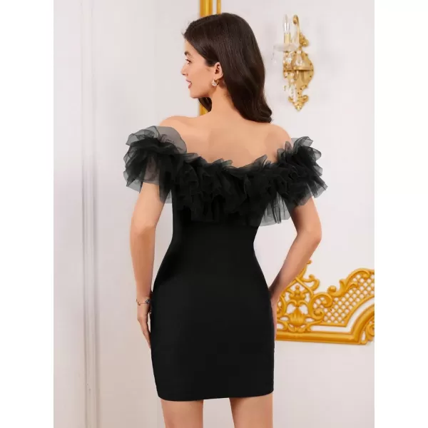 WDIRARA Women's Off Shoulder Strapless Ruffle Trim Sleeveless Bodycon Mini Party Dress