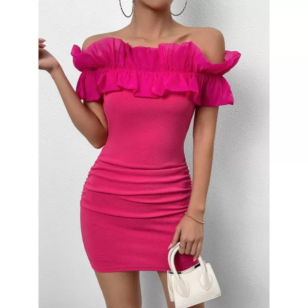 WDIRARA Women's Off Shoulder Strapless Ruffle Trim Sleeveless Bodycon Mini Party Dress
