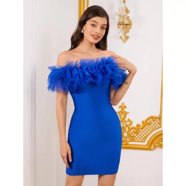 WDIRARA Women's Off Shoulder Strapless Ruffle Trim Sleeveless Bodycon Mini Party Dress