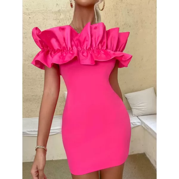WDIRARA Women's Off Shoulder Strapless Ruffle Trim Sleeveless Bodycon Mini Party Dress