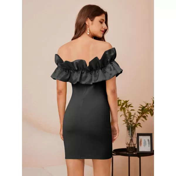 WDIRARA Women's Off Shoulder Strapless Ruffle Trim Sleeveless Bodycon Mini Party Dress