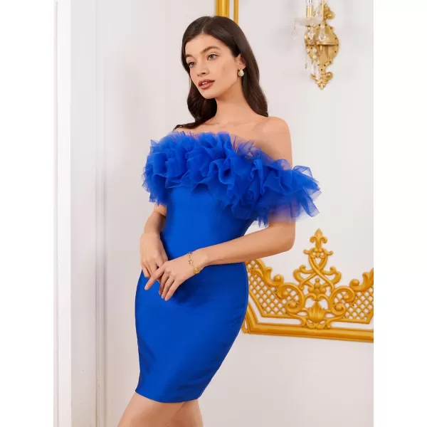 WDIRARA Women's Off Shoulder Strapless Ruffle Trim Sleeveless Bodycon Mini Party Dress