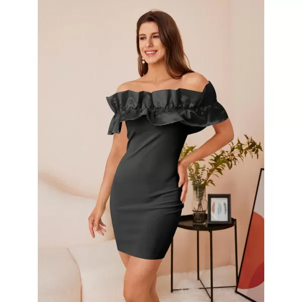 WDIRARA Women's Off Shoulder Strapless Ruffle Trim Sleeveless Bodycon Mini Party Dress