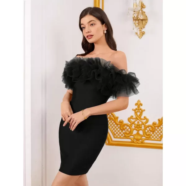 WDIRARA Women's Off Shoulder Strapless Ruffle Trim Sleeveless Bodycon Mini Party Dress