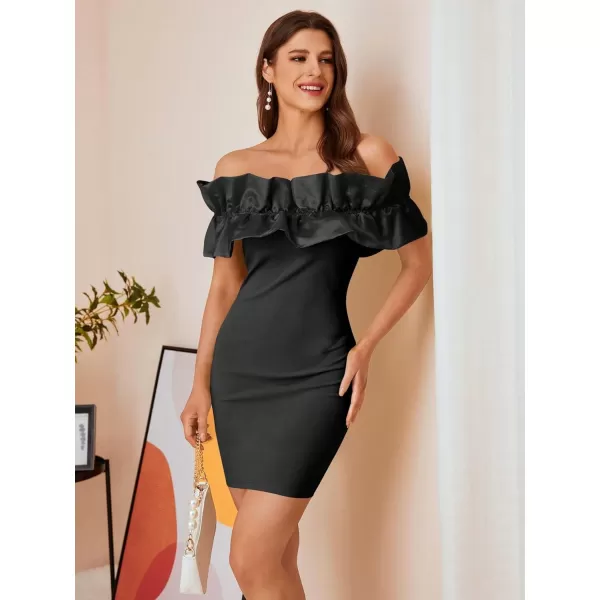 WDIRARA Women's Off Shoulder Strapless Ruffle Trim Sleeveless Bodycon Mini Party Dress