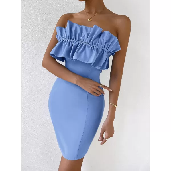 WDIRARA Women's Off Shoulder Strapless Ruffle Trim Sleeveless Bodycon Mini Party Dress