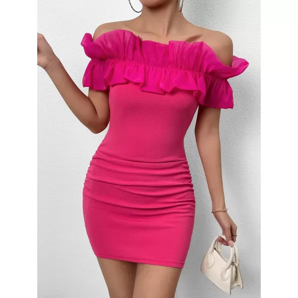 WDIRARA Women's Off Shoulder Strapless Ruffle Trim Sleeveless Bodycon Mini Party Dress