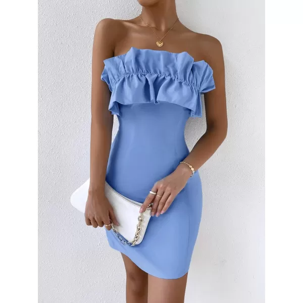 WDIRARA Women's Off Shoulder Strapless Ruffle Trim Sleeveless Bodycon Mini Party Dress