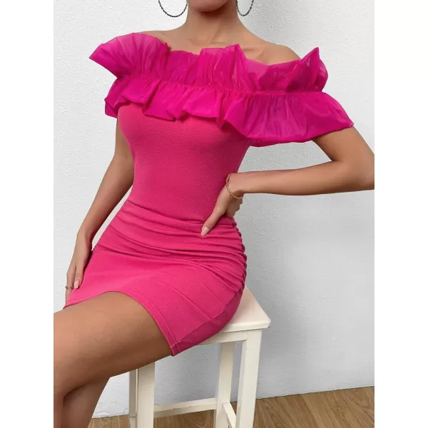 WDIRARA Women's Off Shoulder Strapless Ruffle Trim Sleeveless Bodycon Mini Party Dress