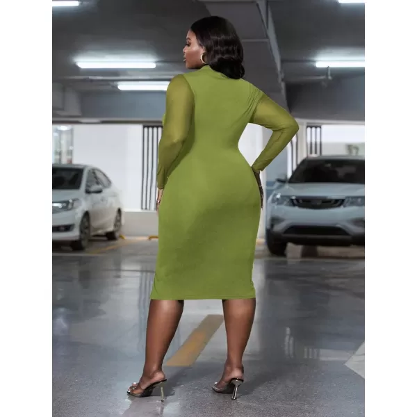 WDIRARA Women's Plus Mock Neck Mesh Long Sleeve Slit Sexy Party Club Bodycon Midi Dress