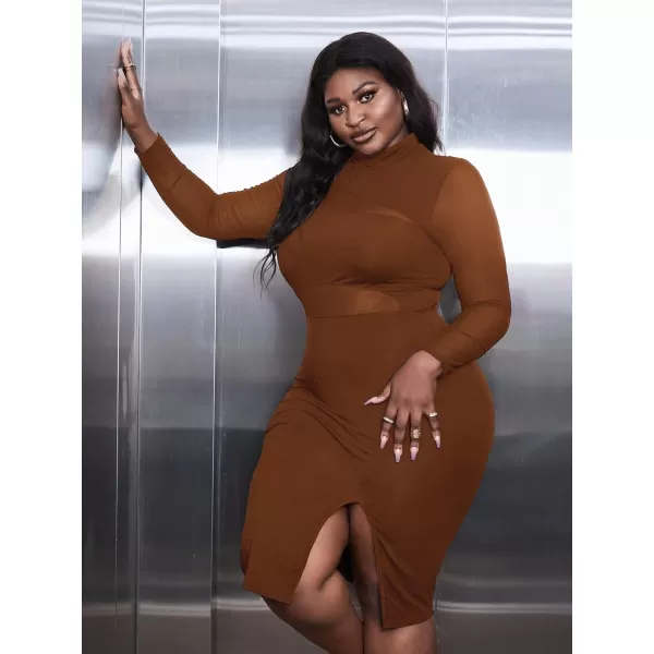 WDIRARA Women's Plus Mock Neck Mesh Long Sleeve Slit Sexy Party Club Bodycon Midi Dress