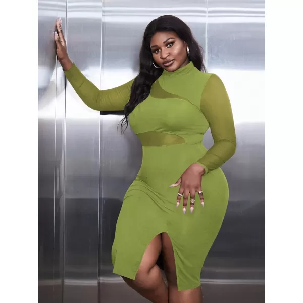 WDIRARA Women's Plus Mock Neck Mesh Long Sleeve Slit Sexy Party Club Bodycon Midi Dress