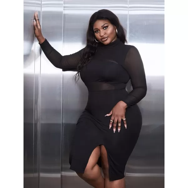 WDIRARA Women's Plus Mock Neck Mesh Long Sleeve Slit Sexy Party Club Bodycon Midi Dress