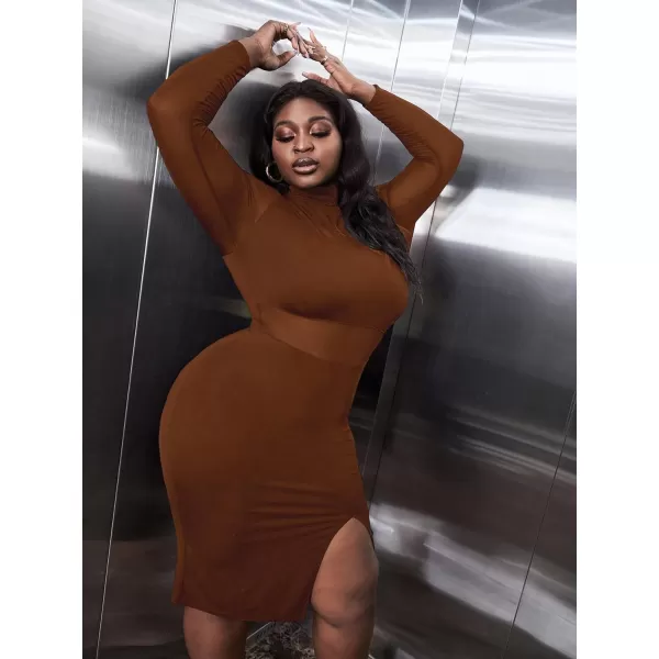 WDIRARA Women's Plus Mock Neck Mesh Long Sleeve Slit Sexy Party Club Bodycon Midi Dress