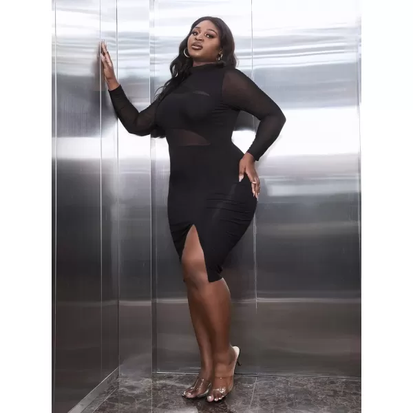 WDIRARA Women's Plus Mock Neck Mesh Long Sleeve Slit Sexy Party Club Bodycon Midi Dress