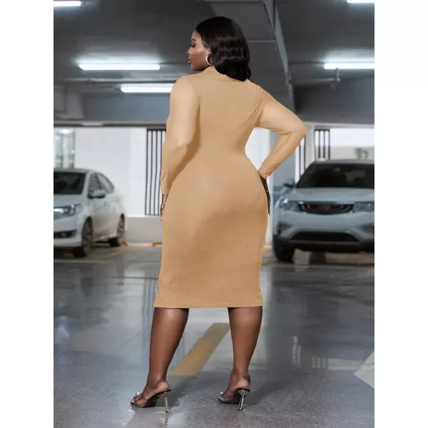 WDIRARA Women's Plus Mock Neck Mesh Long Sleeve Slit Sexy Party Club Bodycon Midi Dress