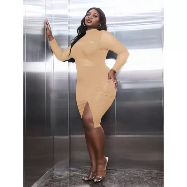 WDIRARA Women's Plus Mock Neck Mesh Long Sleeve Slit Sexy Party Club Bodycon Midi Dress