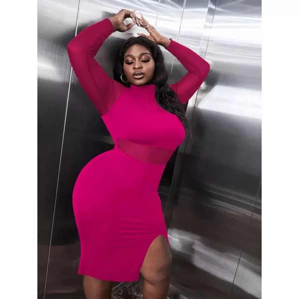 WDIRARA Women's Plus Mock Neck Mesh Long Sleeve Slit Sexy Party Club Bodycon Midi Dress