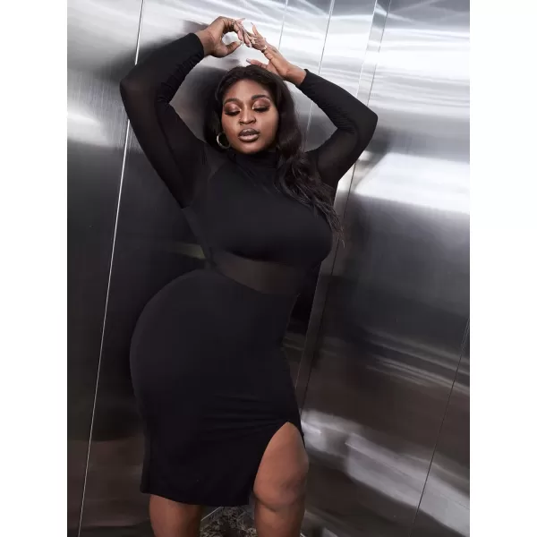 WDIRARA Women's Plus Mock Neck Mesh Long Sleeve Slit Sexy Party Club Bodycon Midi Dress
