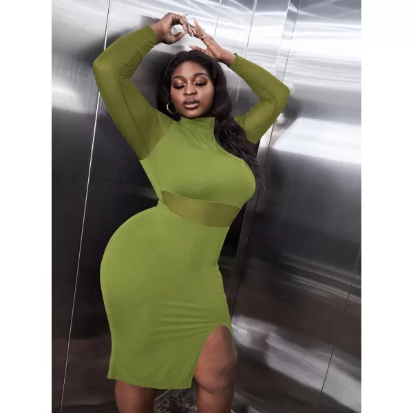 WDIRARA Women's Plus Mock Neck Mesh Long Sleeve Slit Sexy Party Club Bodycon Midi Dress