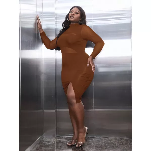 WDIRARA Women's Plus Mock Neck Mesh Long Sleeve Slit Sexy Party Club Bodycon Midi Dress