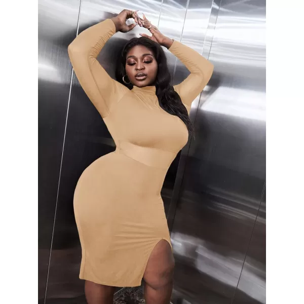 WDIRARA Women's Plus Mock Neck Mesh Long Sleeve Slit Sexy Party Club Bodycon Midi Dress