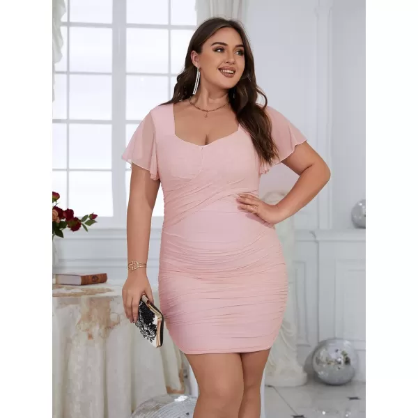 WDIRARA Women's Plus Size Butterfly Sleeve Sheer Mesh Ruched Bodycon Dress