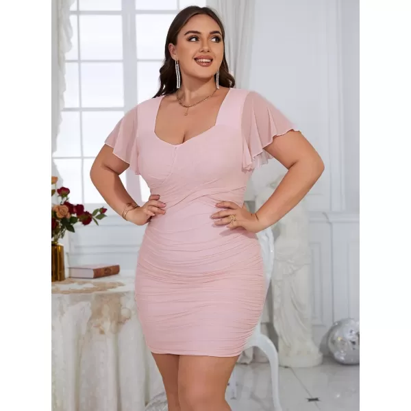 WDIRARA Women's Plus Size Butterfly Sleeve Sheer Mesh Ruched Bodycon Dress