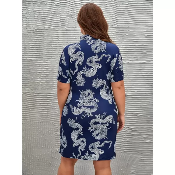 WDIRARA Women's Plus Size Chinese Dragon Print Bodycon Cheongsam Split Mini Dress