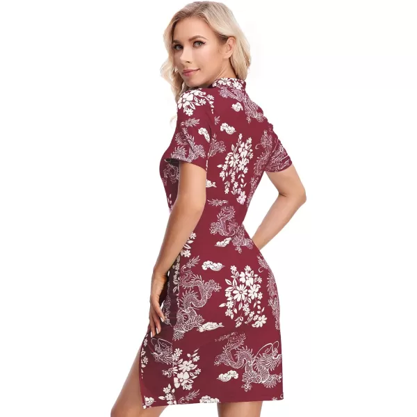 WDIRARA Women's Plus Size Chinese Dragon Print Bodycon Cheongsam Split Mini Dress
