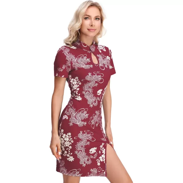 WDIRARA Women's Plus Size Chinese Dragon Print Bodycon Cheongsam Split Mini Dress